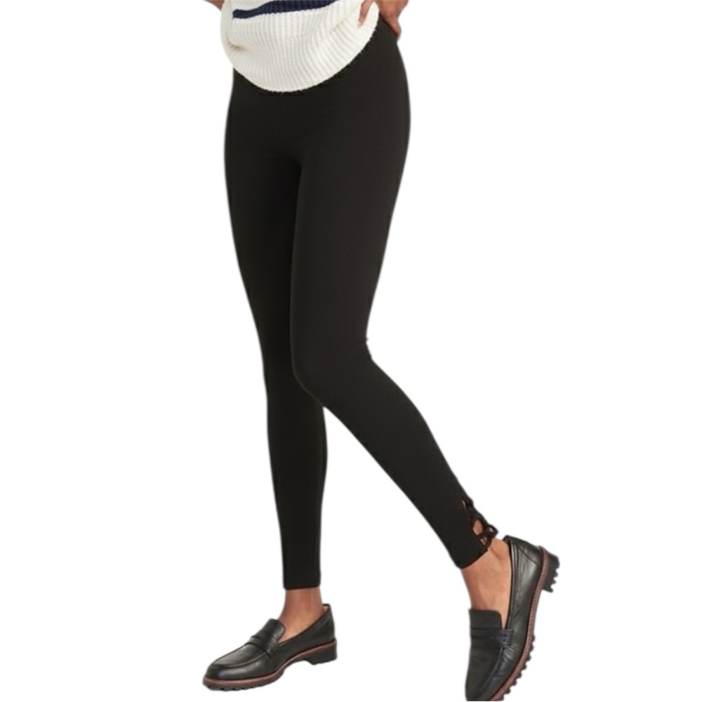Old Navy Black Lattice Ankle Cotton Jersey Pull On Leggings Size Medium NWT
